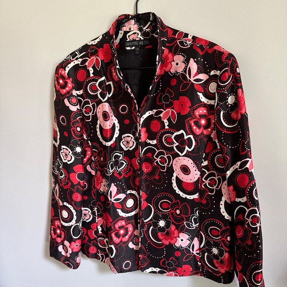 Lafayette 148 Linen Silk Blend Red Black Floral Blazer - Picture 4 of 8
